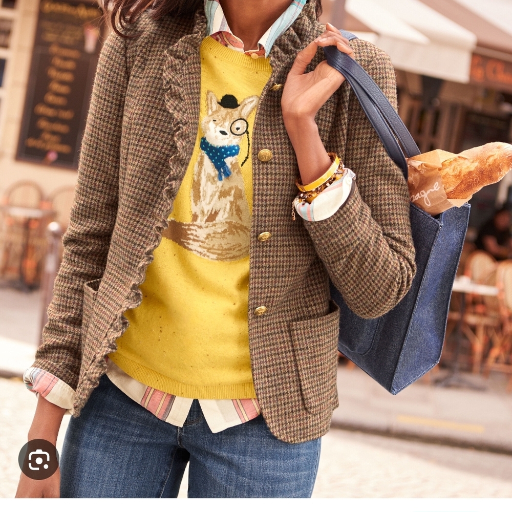 Talbots Brown Plaid Wool Blend Blazer Ruffle Gold Buttons